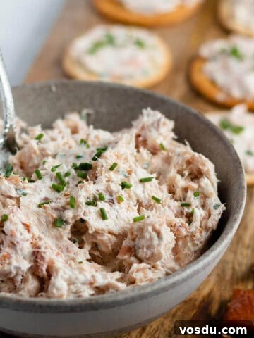A bowl with fresh smoked salmon dip topped with chives and crackers topped with more dip.