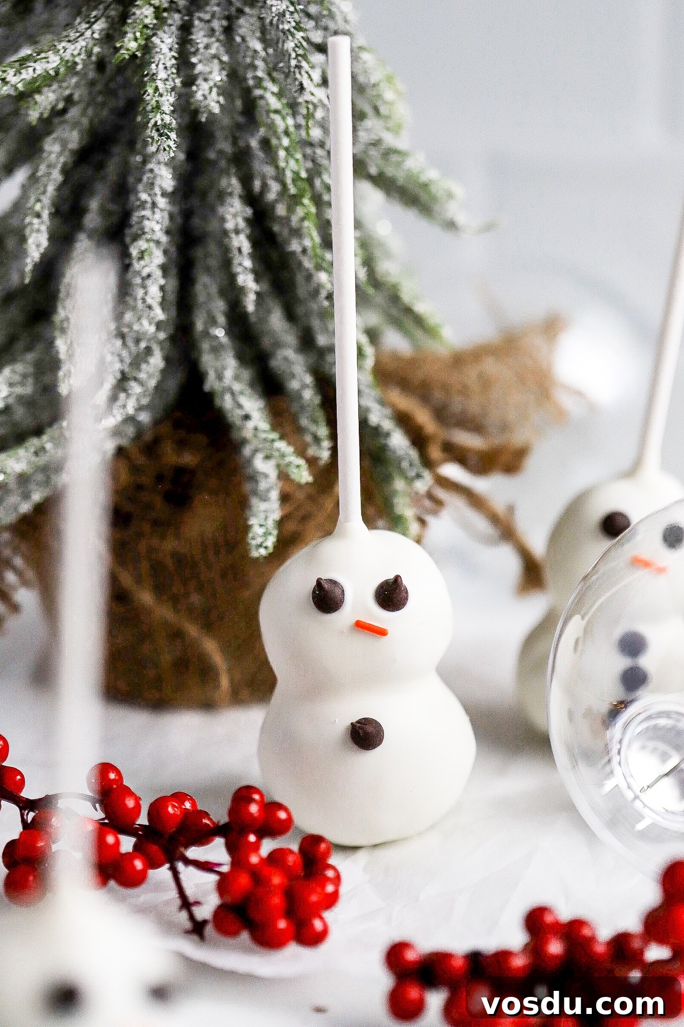 Adorable Snowman Cake Pops Recipe for Christmas Treats 3 front facing view of snowman cake pops with orange sprinkle for a nose and cranberries in foreground
