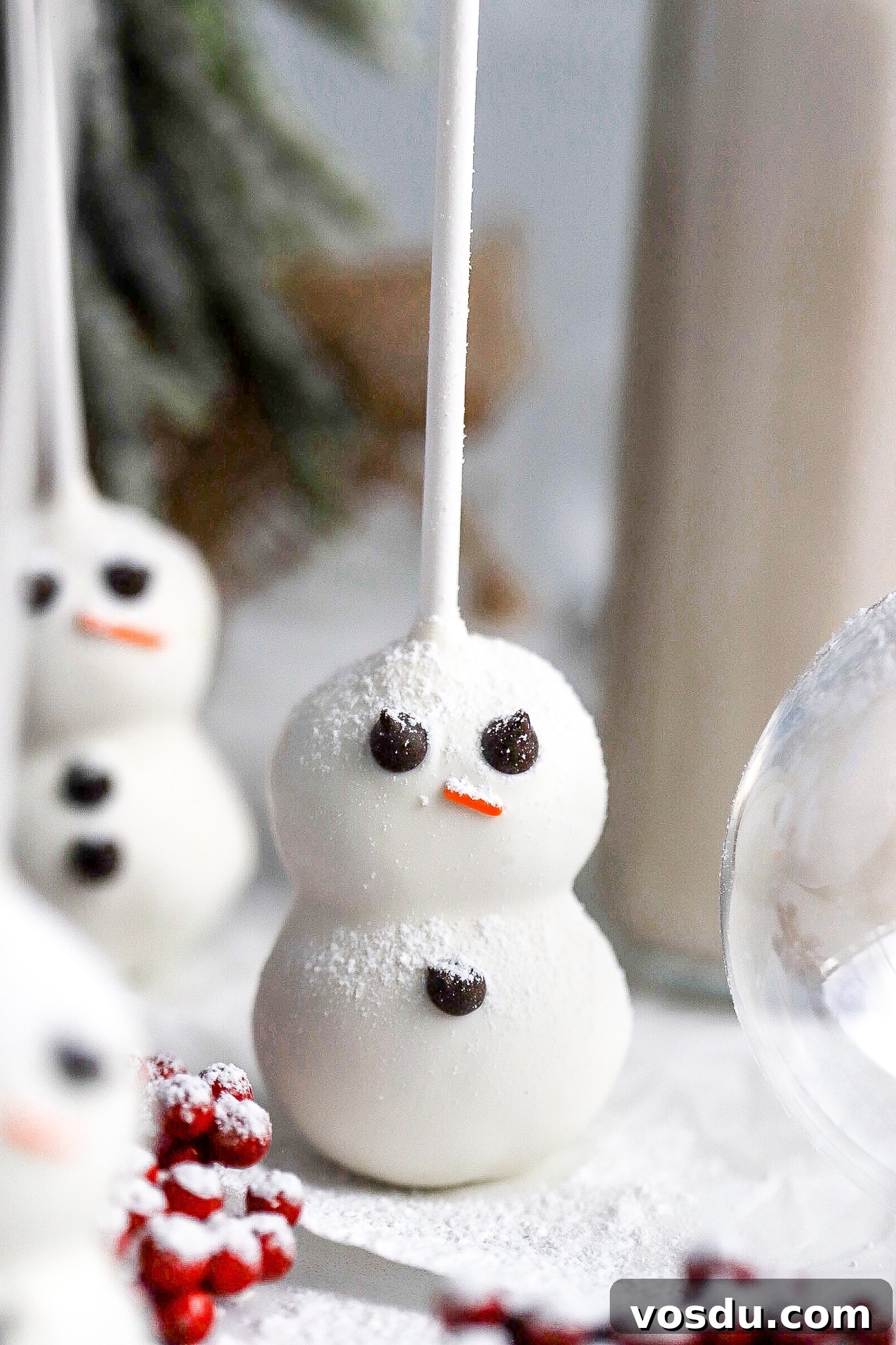 Adorable Snowman Cake Pops Recipe for Christmas Treats 7 close up shot of snowman cake pops with mini chocolate chips for the eyes and buttons