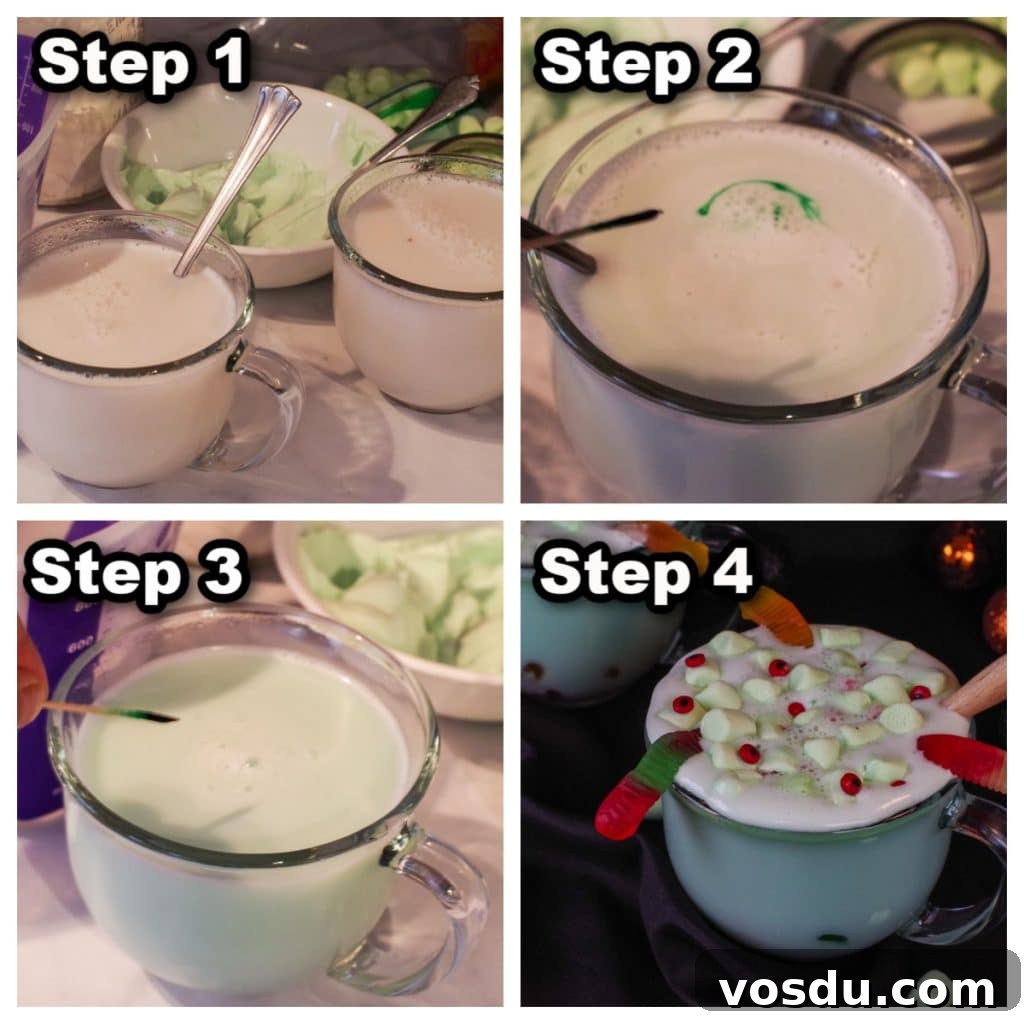 Witches' Brew Halloween Hot Chocolate Recipe for Spooky Nights 5 collage of 4 photos of instructions on how to make Halloween Hot chocolate