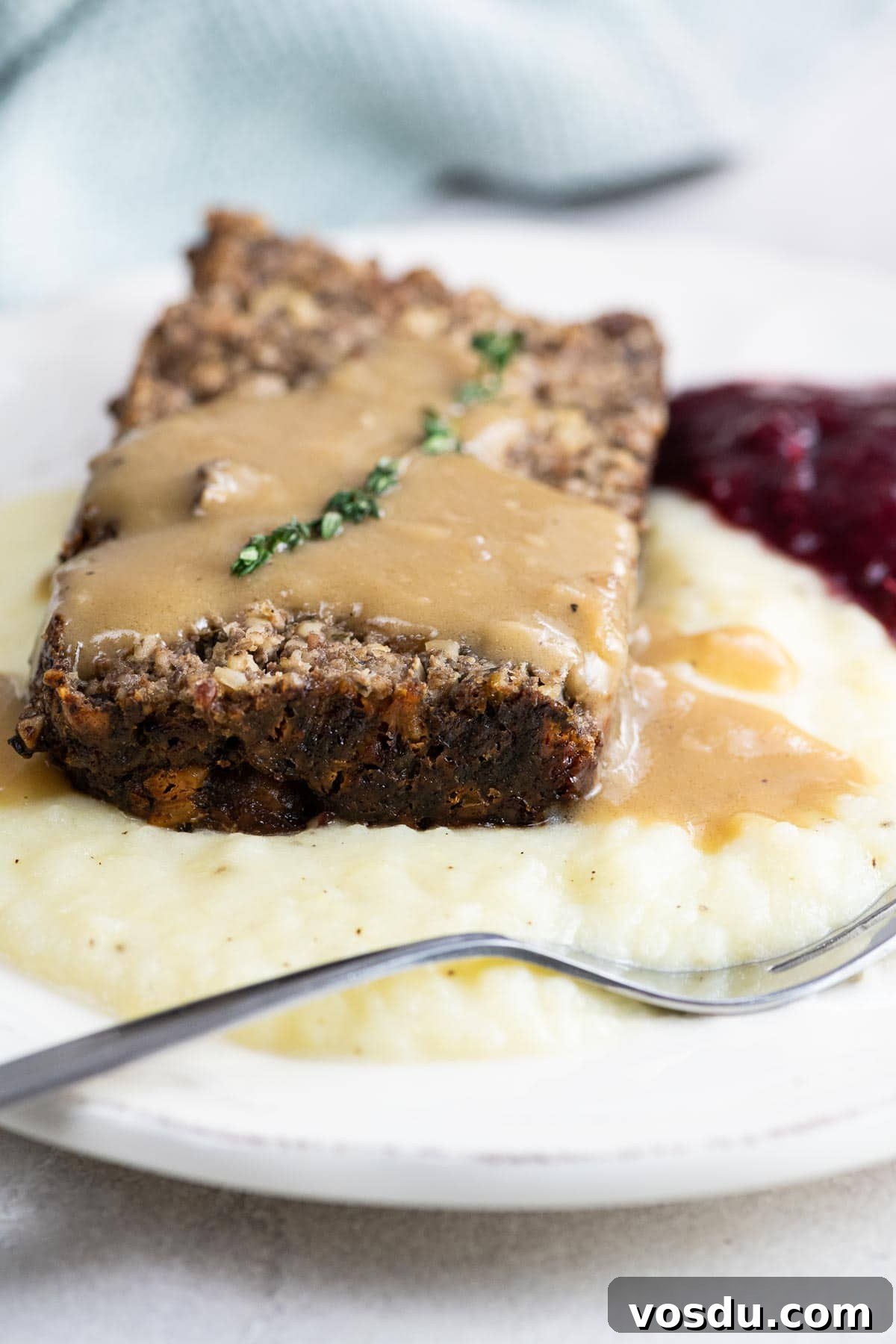 Savory Vegetarian Nut Roast Meatloaf Recipe 2 veggie meatloaf (nut loaf) with mashed potatoes, gravy, and cranberry sauce on a plate