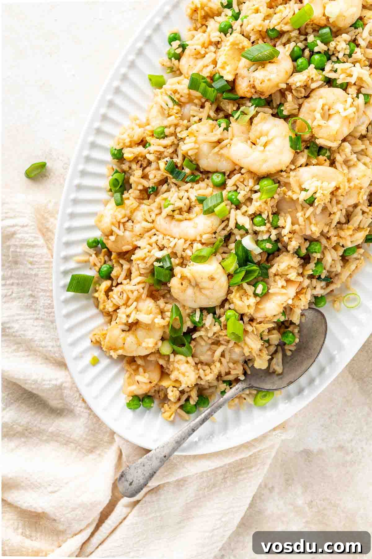 Prawn and Egg Fried Rice Recipe — Quick Weeknight Meal 2 Prawn fried rice served onto a large plate with a spoon.