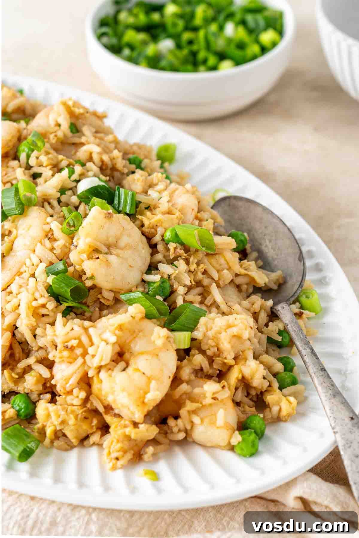 Prawn and Egg Fried Rice Recipe — Quick Weeknight Meal 3 Prawn fried rice served onto a large plate with a spoon with green onions.