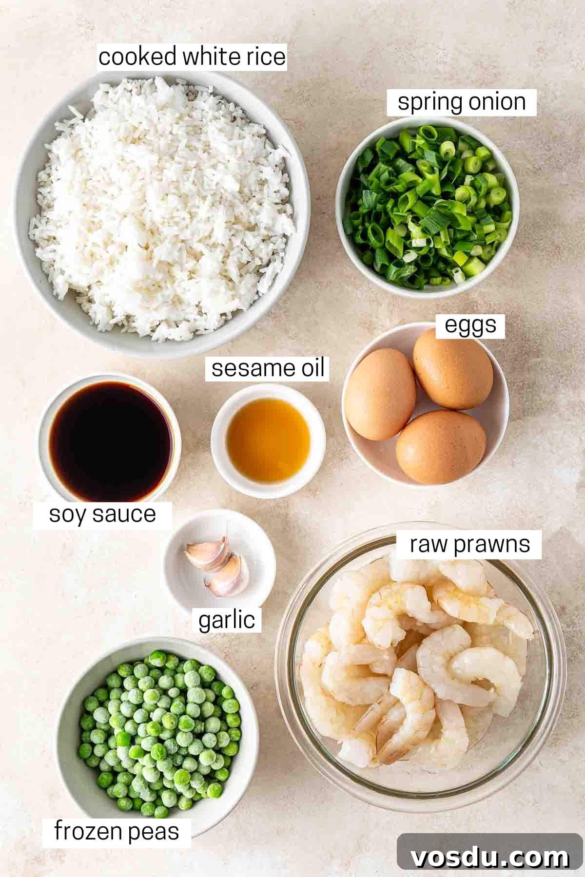 Prawn and Egg Fried Rice Recipe — Quick Weeknight Meal 4 All ingredients needed to make prawn and egg fried rice.