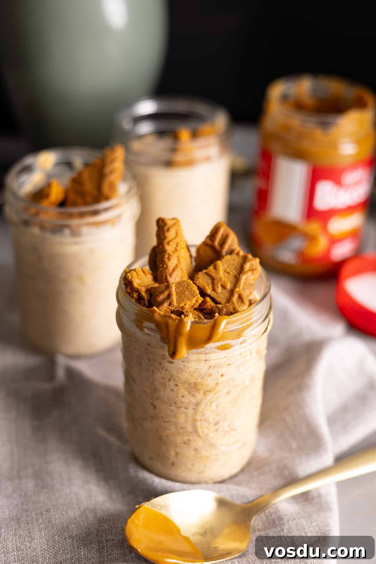 Creamy Biscoff Overnight Oats Recipe for Breakfast Delight 8 Mason jars with biscoff cookie butter overnight oats on a gray table.