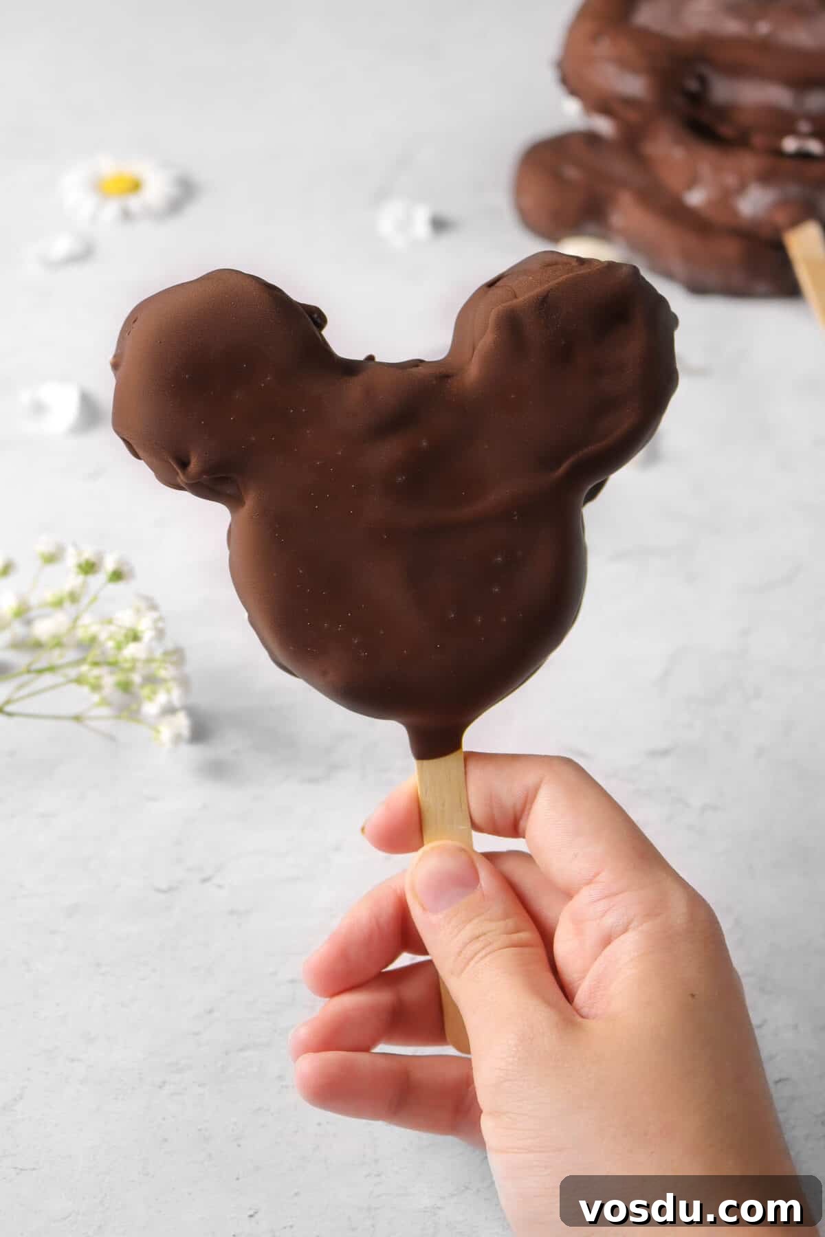 Mickey Mouse Ice Cream Bars: Where to Buy & Nutrition Facts 3 mickey bar being held up with flowers and three bars in the back