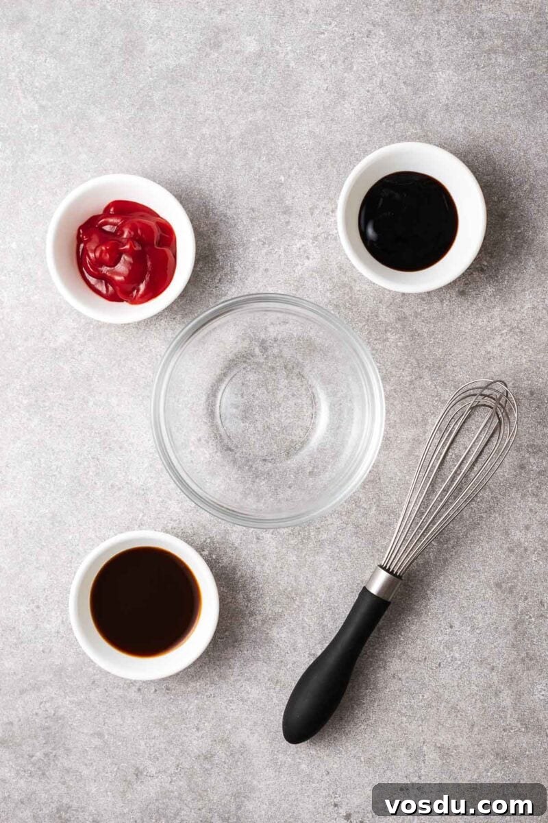 Homemade Yakisoba Sauce: Authentic Japanese Noodle Sauce Recipe 4 Yakisoba ingredients decanted into small bowls including tomato ketchup, Worcestershire sauce, oyster sauce, soy sauce and sugar.