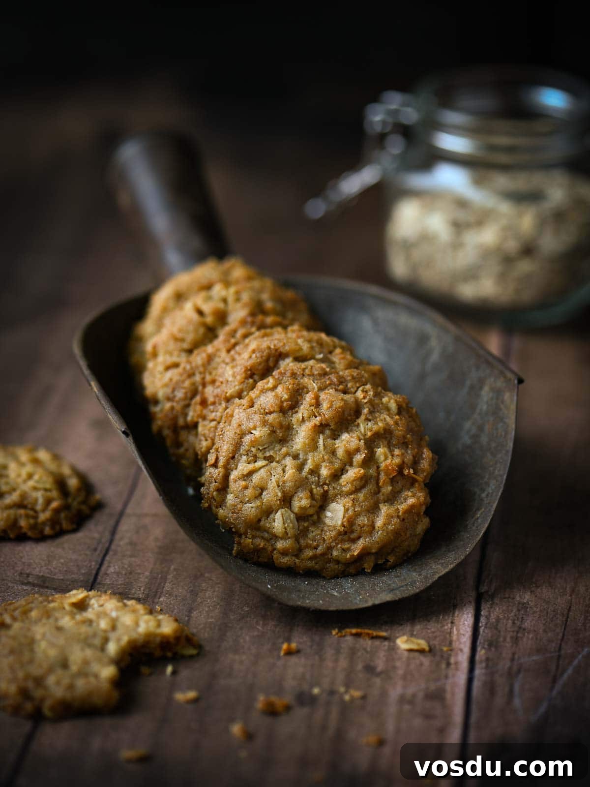 Chewy Coconut Oatmeal Cookies with Toasted Coconut 2 Oatmeal cookies in a large metal scoop.