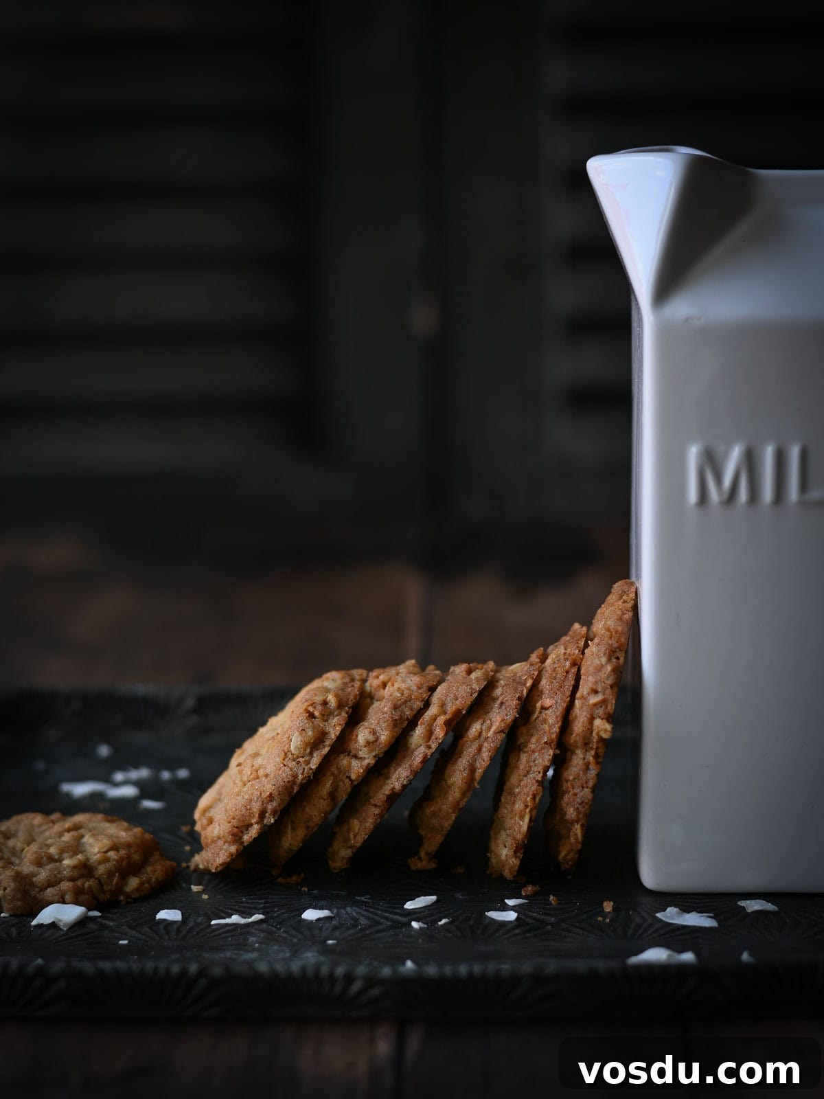 Chewy Coconut Oatmeal Cookies with Toasted Coconut 9 Coconut cookies leaned up against a white milk carton.