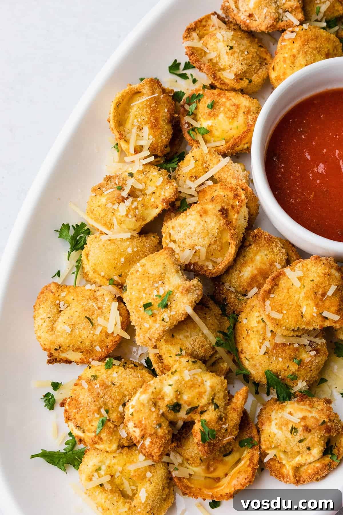 Crispy Air-Fried Tortellini with Garlic Parmesan Dipping Sauce 3 a platter of crispy air fried tortellini pasta pieces