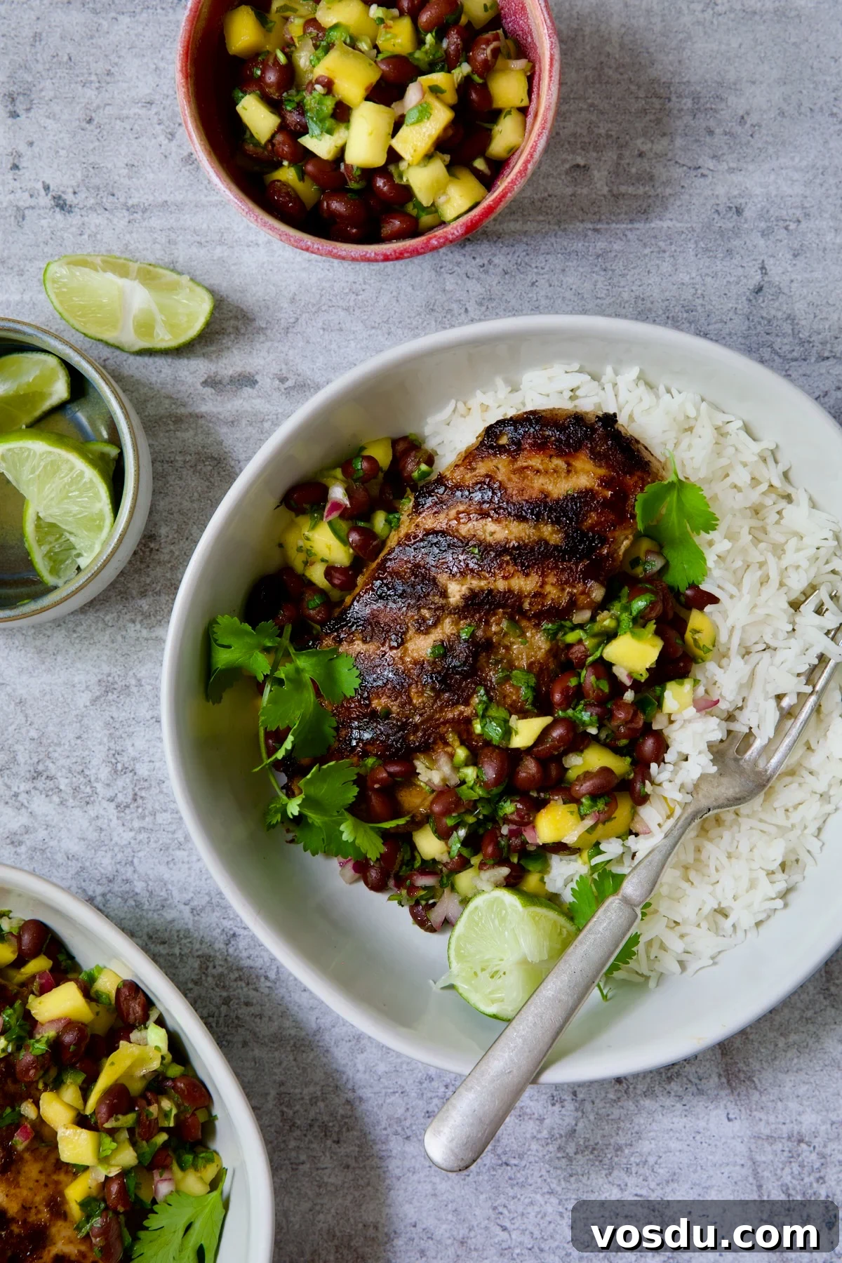 Caribbean Chicken with Black Bean and Mango Salsa Recipe 2 Caribbean Jerk Chicken with Mango Black Bean Salsa in white bowl garnished with cilantro and squeezed lime wedges.