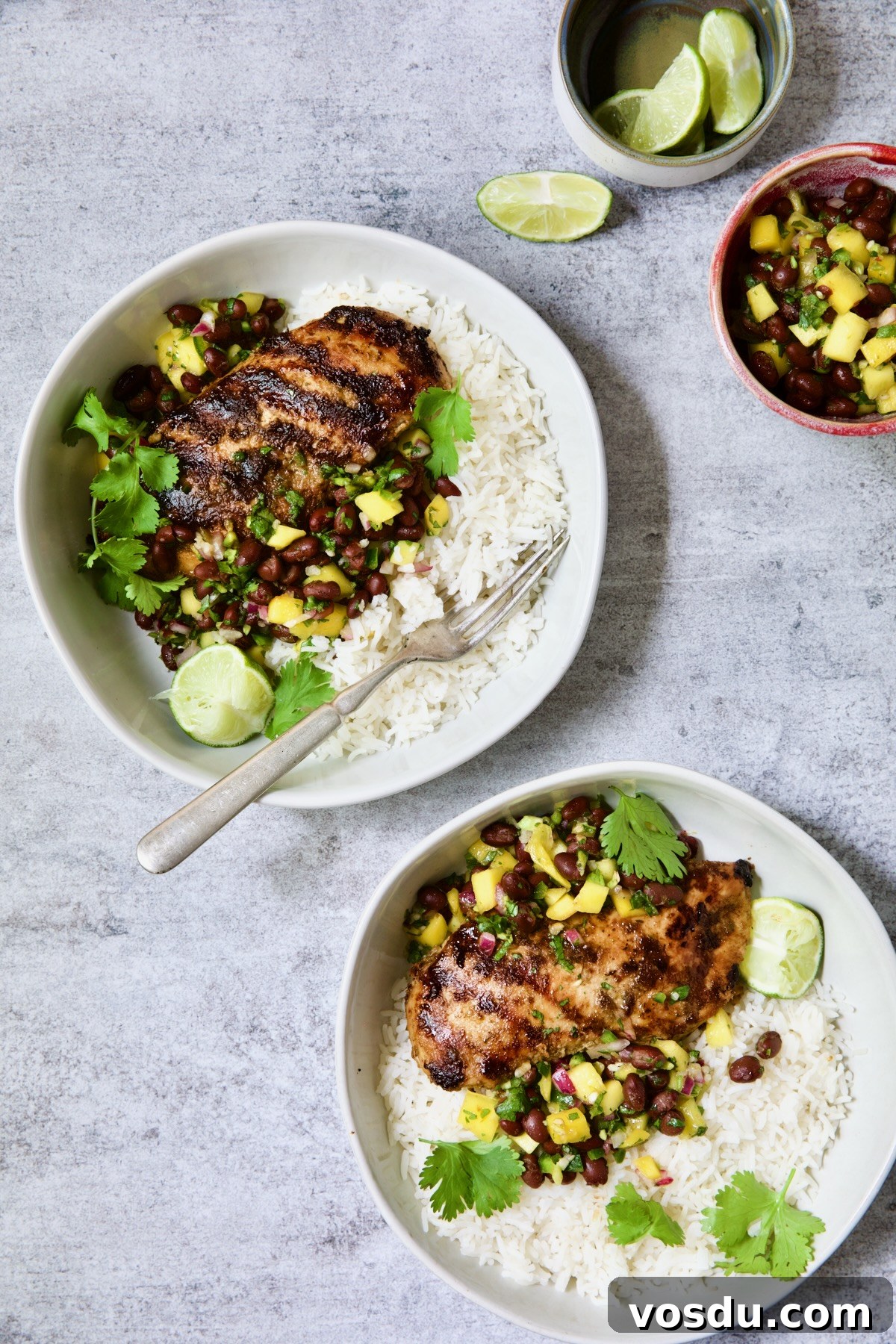 Caribbean Chicken with Black Bean and Mango Salsa Recipe 10 Two servings of Caribbean Jerk Chicken with Mango Black Bean Salsa with rice in white bowls.