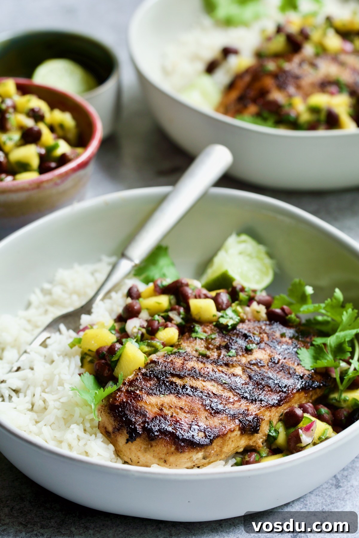 Caribbean Chicken with Black Bean and Mango Salsa Recipe 12 Caribbean Jerk Chicken with Mango Black Bean Salsa with white rice in white bowl.