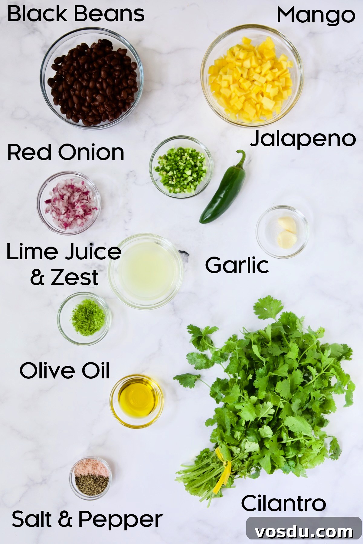 Caribbean Chicken with Black Bean and Mango Salsa Recipe 5 Ingredients for Mango Black Bean Salsa in glass bowls.