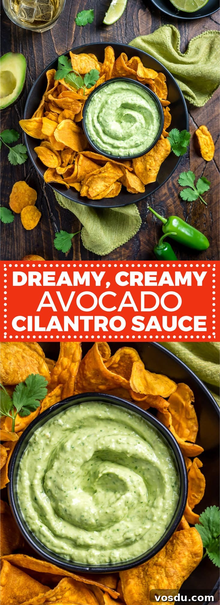 Creamy Avocado Cilantro Sauce Recipe for Tacos & Bowls 2 This Dreamy, Creamy Avocado Cilantro Sauce takes just 5 minutes to make and is perfect for serving on tacos, over salads, with sweet potatoes, or simply with a side of chips for dipping.