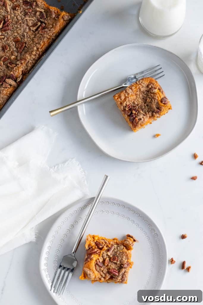 Pumpkin Gooey Butter Cake with Pecan Streusel Recipe 3 gooey butter cake slices on plates
