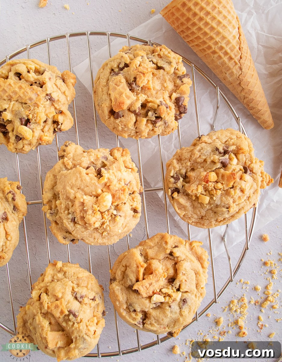 Ice Cream Cone Cookies Recipe: Crispy Cone Cups with Creamy Filling 6 ice cream cone cookies on a cooling rack