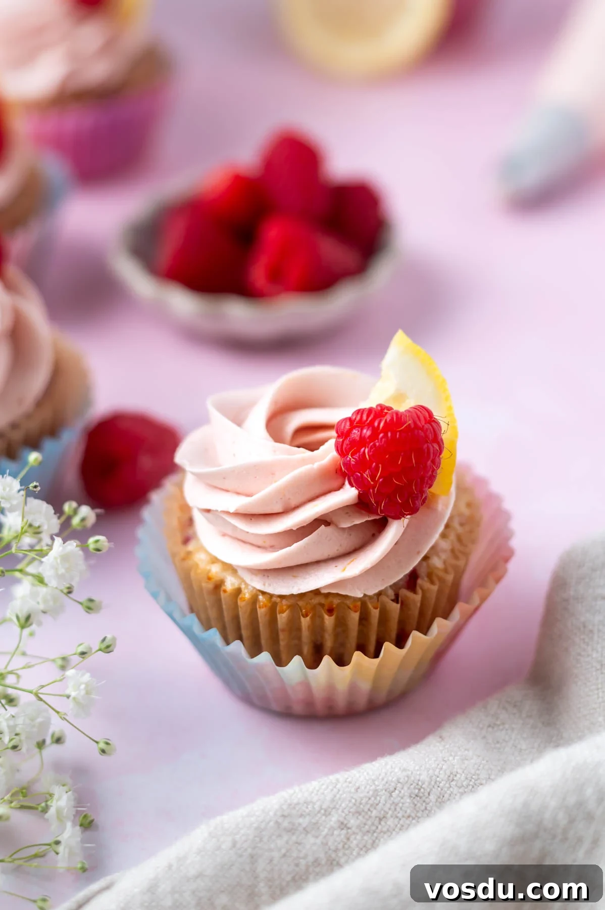 Lemon Raspberry Cupcakes Made from Scratch: Bright Citrus Dessert 10 lemon raspberry cupcake with a buttercream swirl and lemon slice and raspberry on top