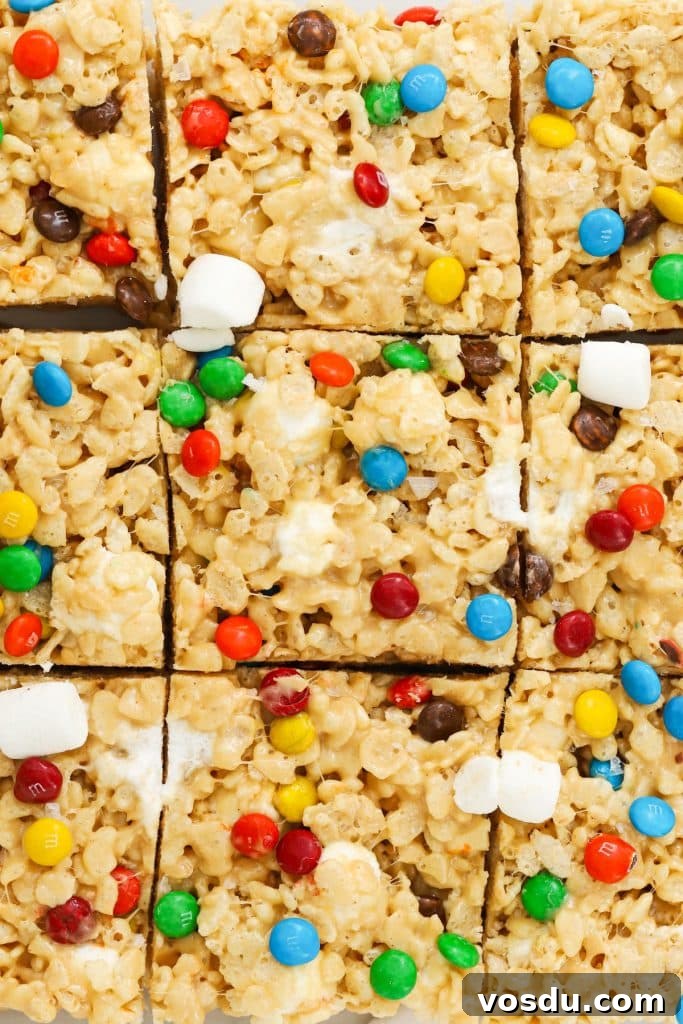 Chocolate Rice Krispie Treats Recipe for Crispy, Chocolatey Squares 12 gluten-free m&m rice krispie treats cut into squares