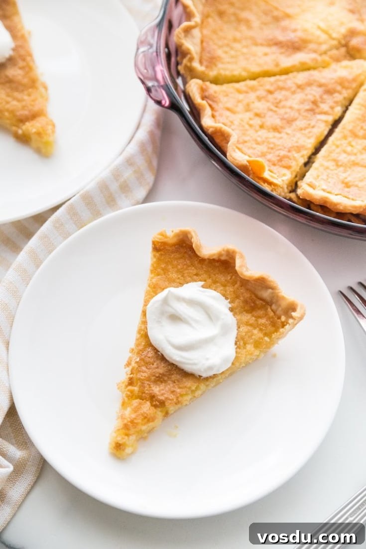 Southern Buttermilk Pie Recipe — Quick, Classic Dessert 6 a slice of pie with a dollop of whip cream on the top