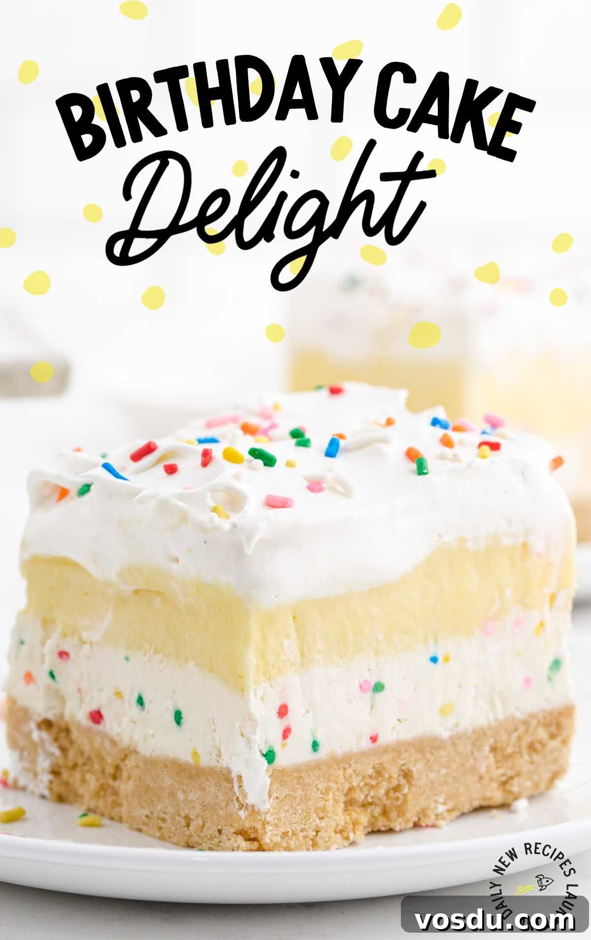 Delicious Birthday Cake Recipes for Every Celebration 2 close up shot of birthday cake delight with sprinkles on top on a white plate