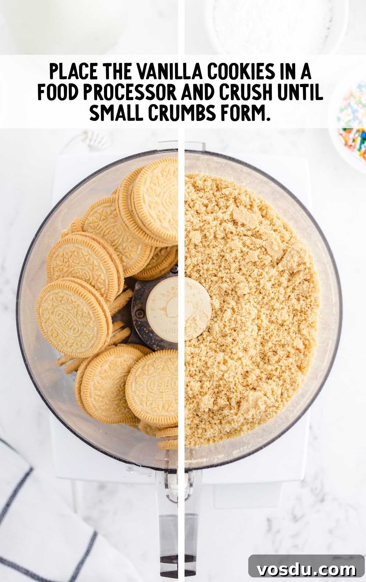 Delicious Birthday Cake Recipes for Every Celebration 4 vanilla cookies being blended in a food processor