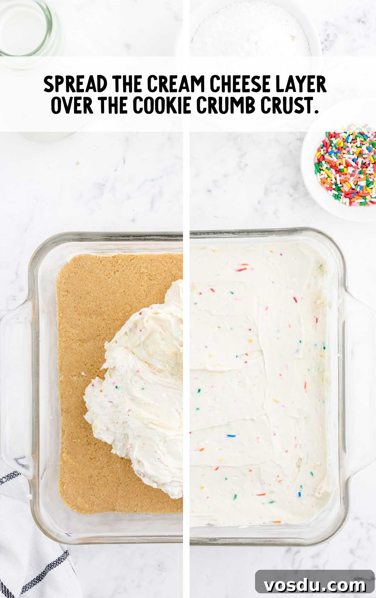 Delicious Birthday Cake Recipes for Every Celebration 5 cream cheese layer being spread over cookie crumb crust