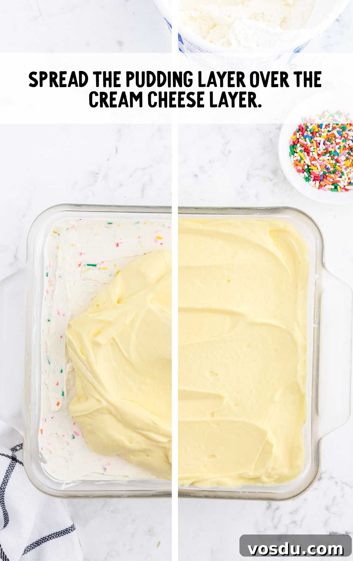 Delicious Birthday Cake Recipes for Every Celebration 6 pudding layer being spread over cream cheese layer