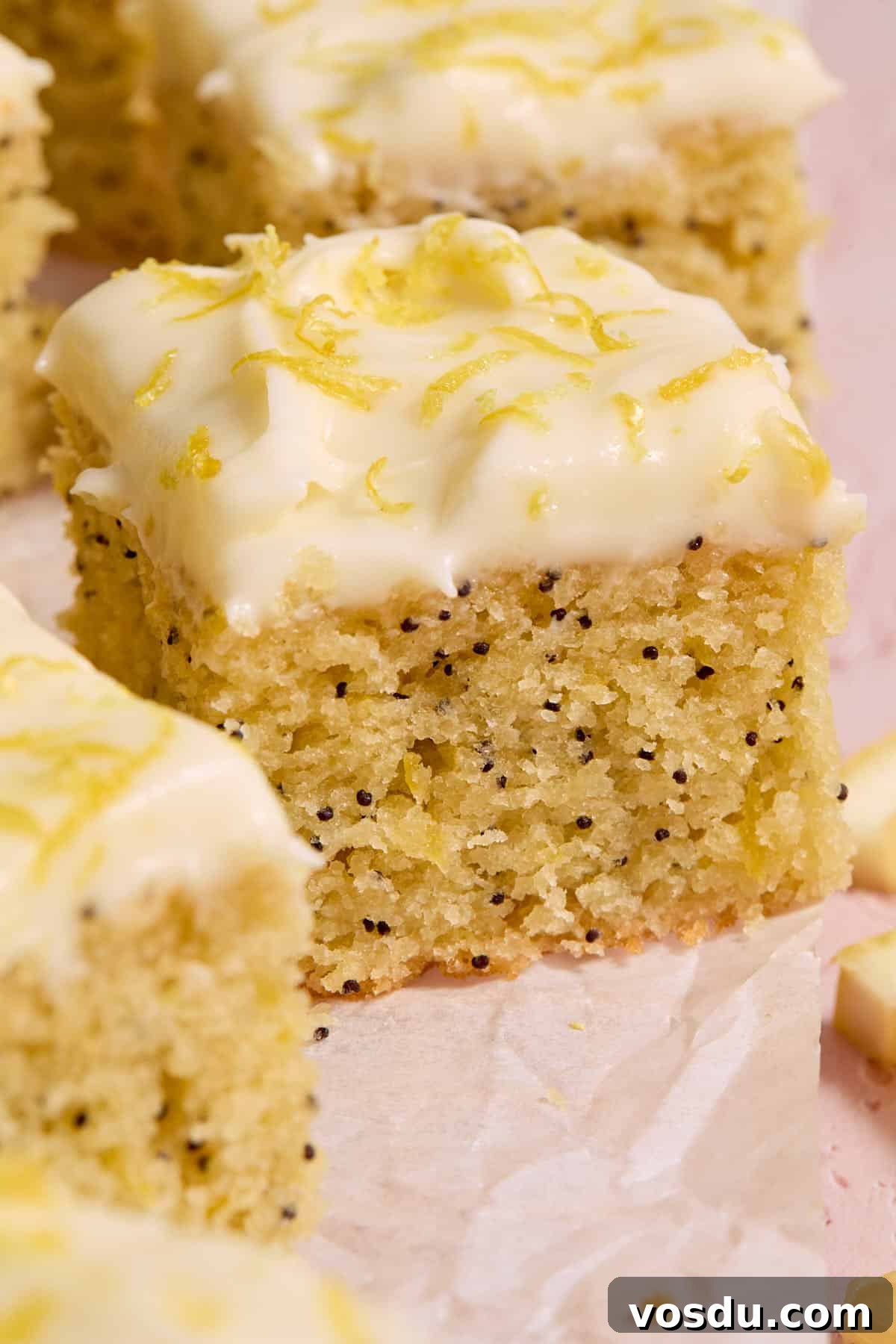 Almond Flour Lemon Poppy Seed Cake Recipe for Moist, Zesty Loaf 14 Close up of a piece of poppy seed cake topped with lemon cream cheese frosting.
