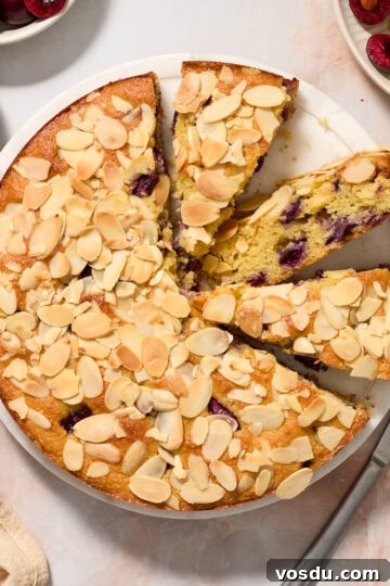 Overhead view of cherry almond cake on a cake plate with some slices cut out.