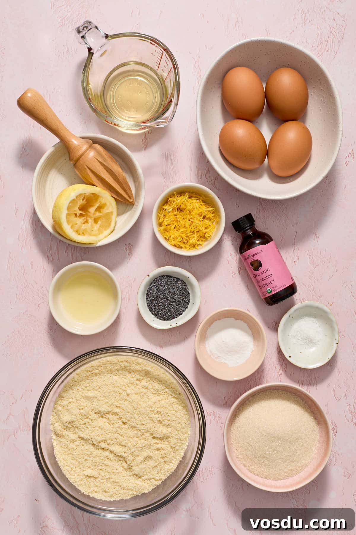 Almond Flour Lemon Poppy Seed Cake Recipe for Moist, Zesty Loaf 3 Ingredients to make almond flour lemon poppy seed cake arranged individually.