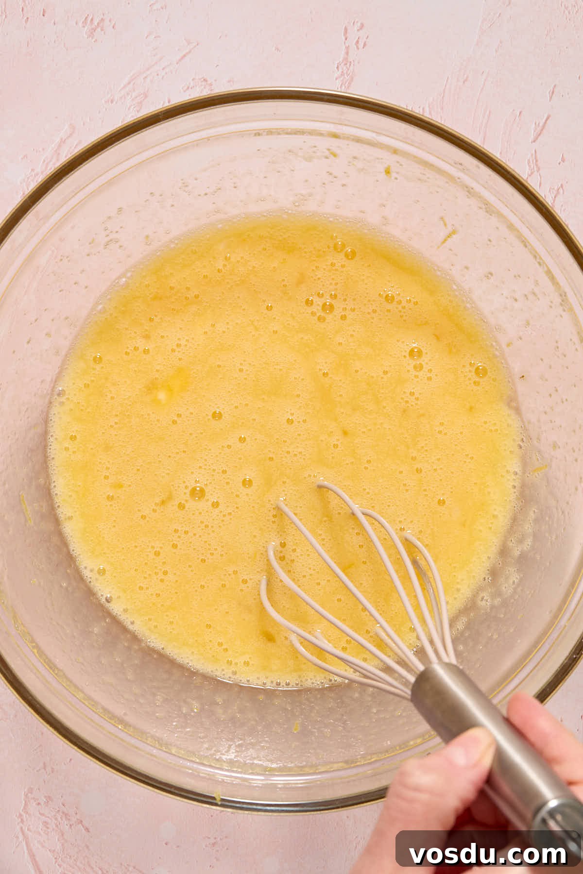 Almond Flour Lemon Poppy Seed Cake Recipe for Moist, Zesty Loaf 7 Wet ingredients whisked together in a large glass bowl.