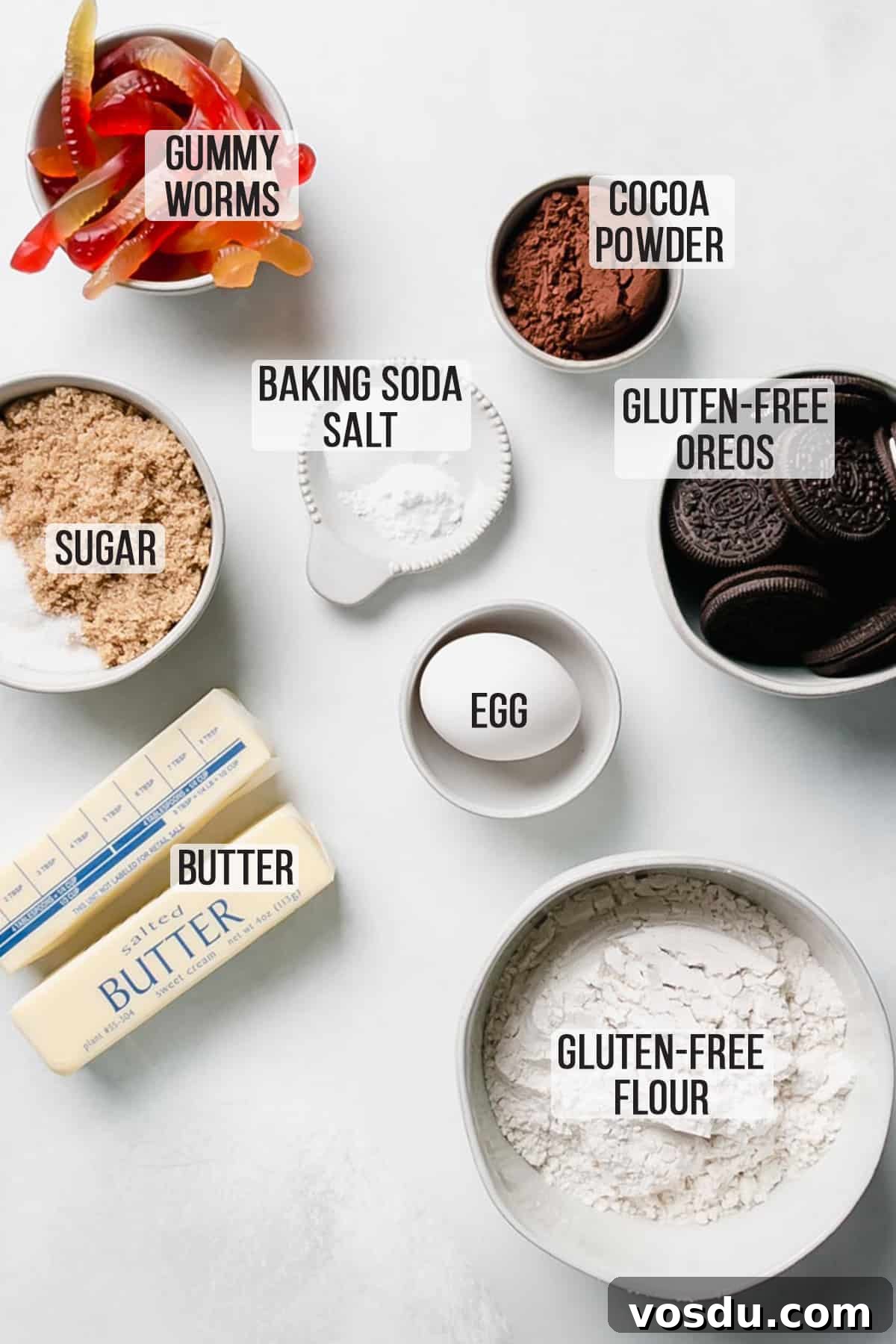 Gluten-Free Crumbl Oreo Dirt Cookies Copycat Recipe 3 Ingredients for the cookies measured out in bowls on white surface.