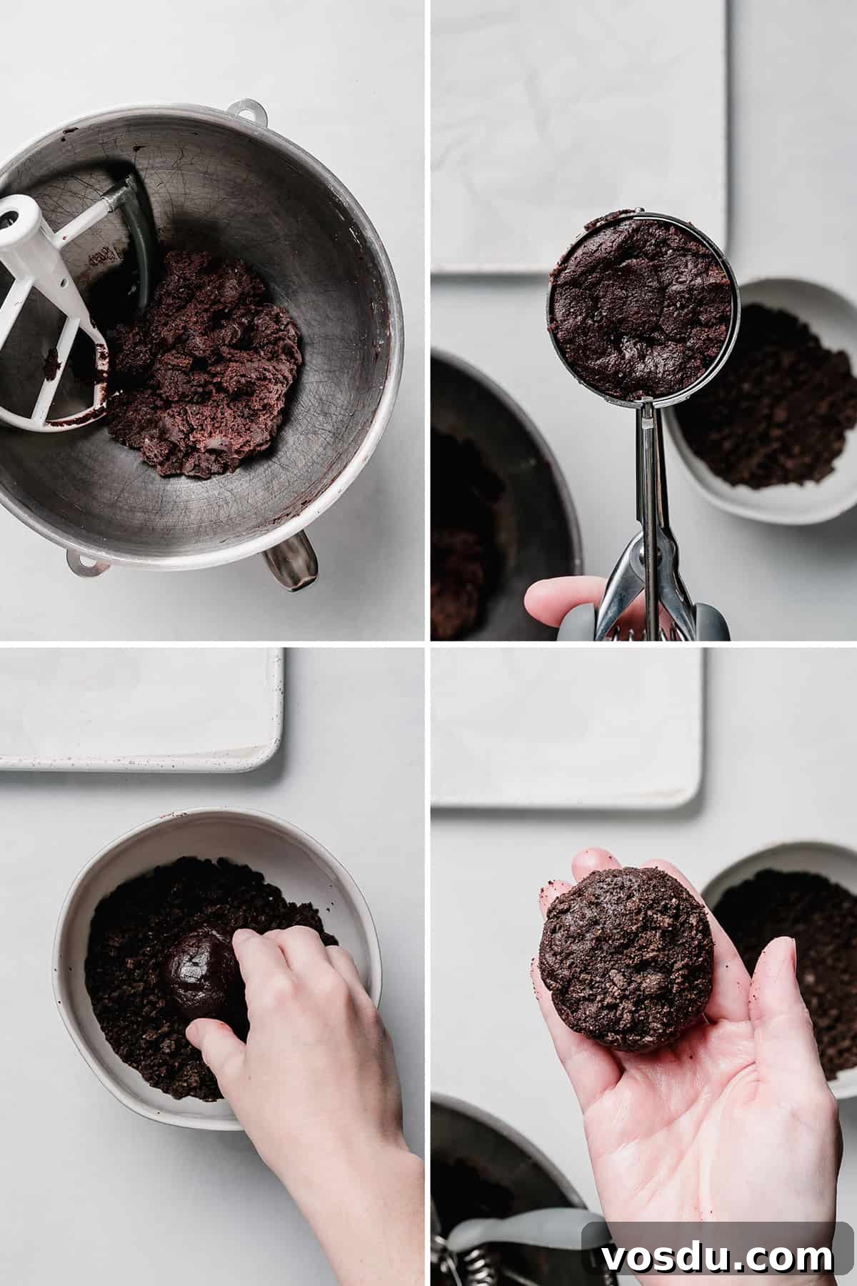 Gluten-Free Crumbl Oreo Dirt Cookies Copycat Recipe 5 Scooping and coating cookie dough in Oreo crumbs.