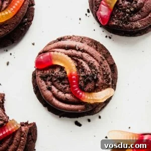 Gluten-Free Crumbl Oreo Dirt Cookies Copycat Recipe 9 Gluten-Free Oreo Dirt Cake Cookie with a gummy worm on top.