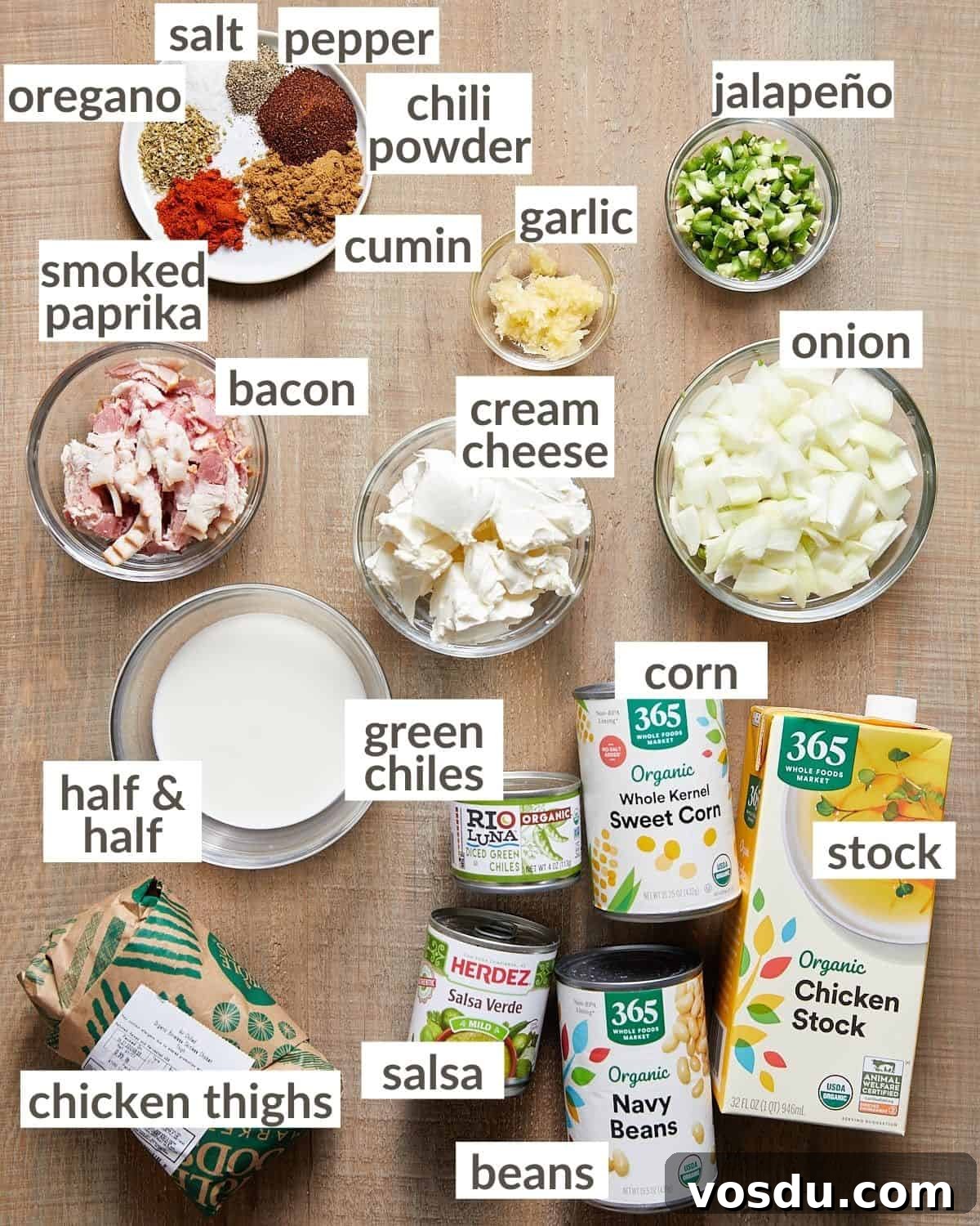 Overhead image of ingredients needed to make cream cheese chicken chili.