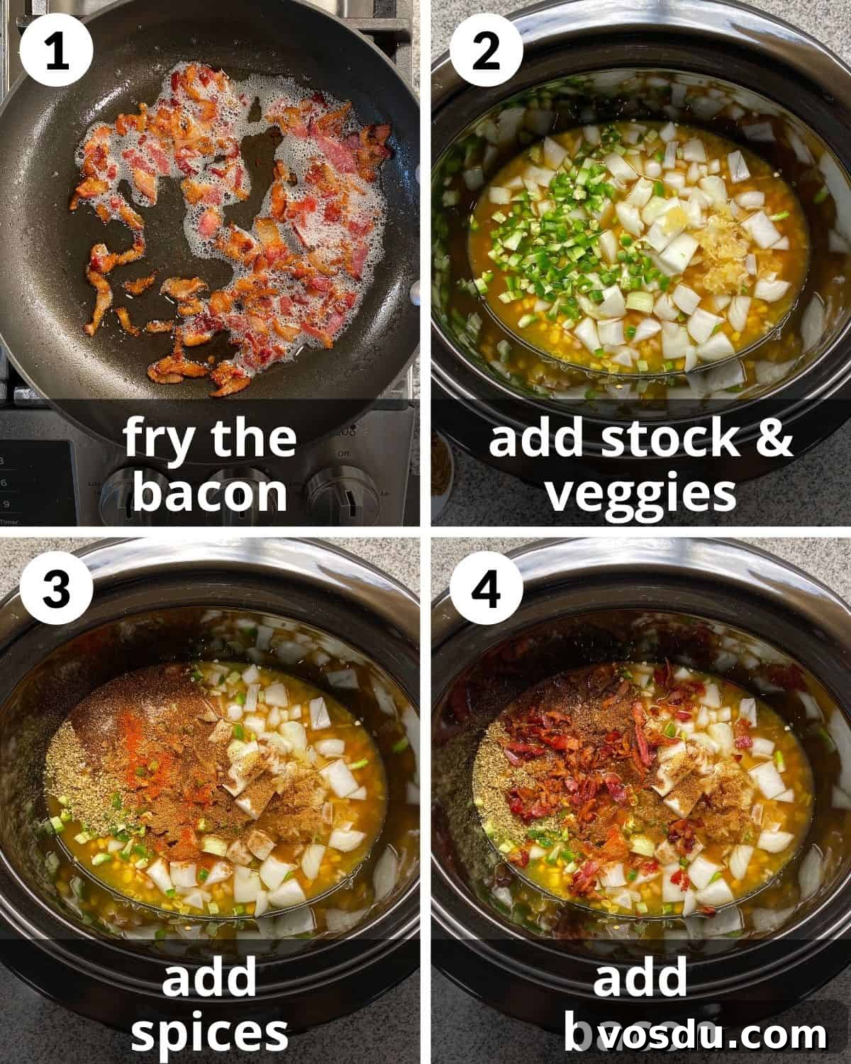 Process shot collage showing steps to making the chili.