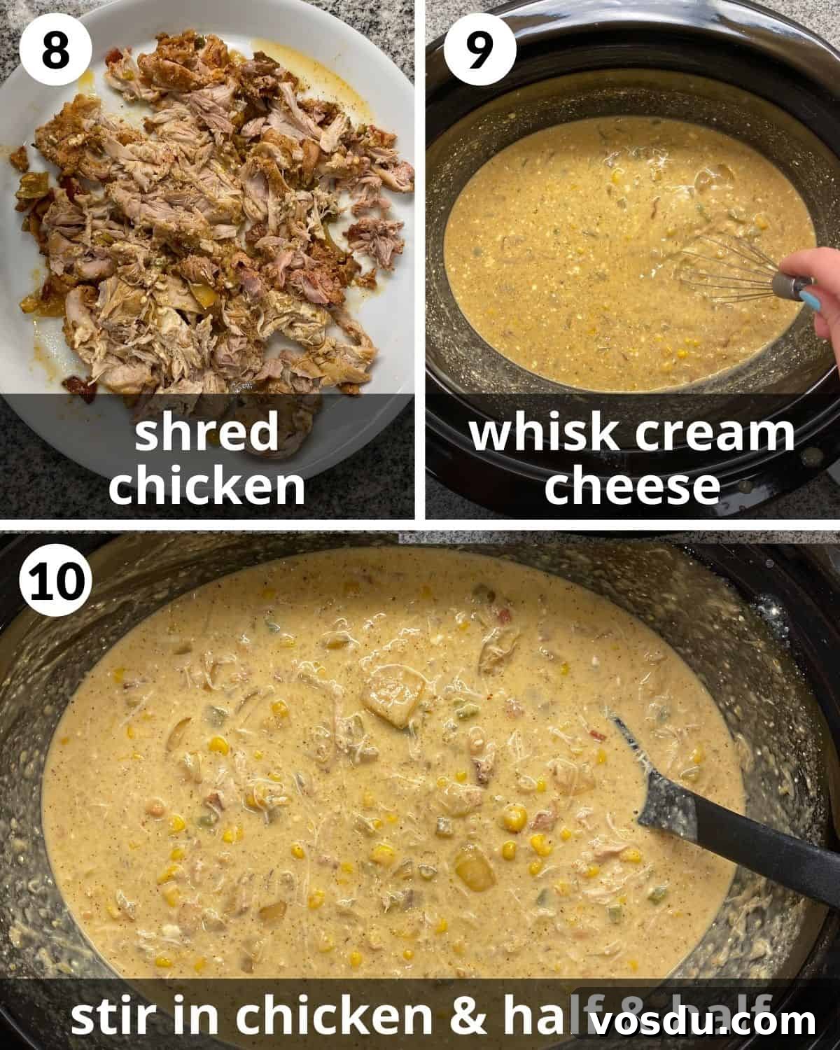 Final assembly of cream cheese chicken chili.
