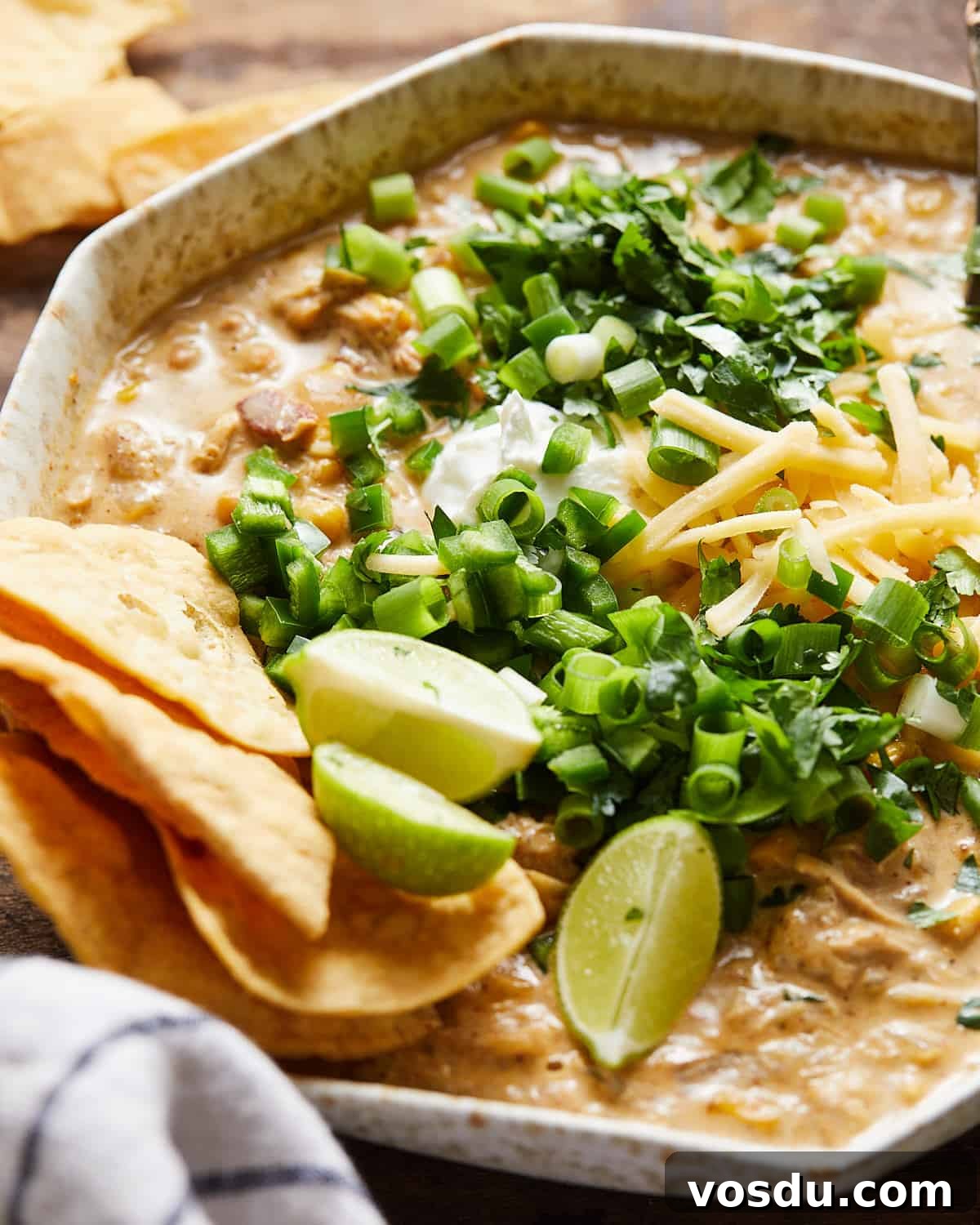 Up close image of cream cheese chicken chili.