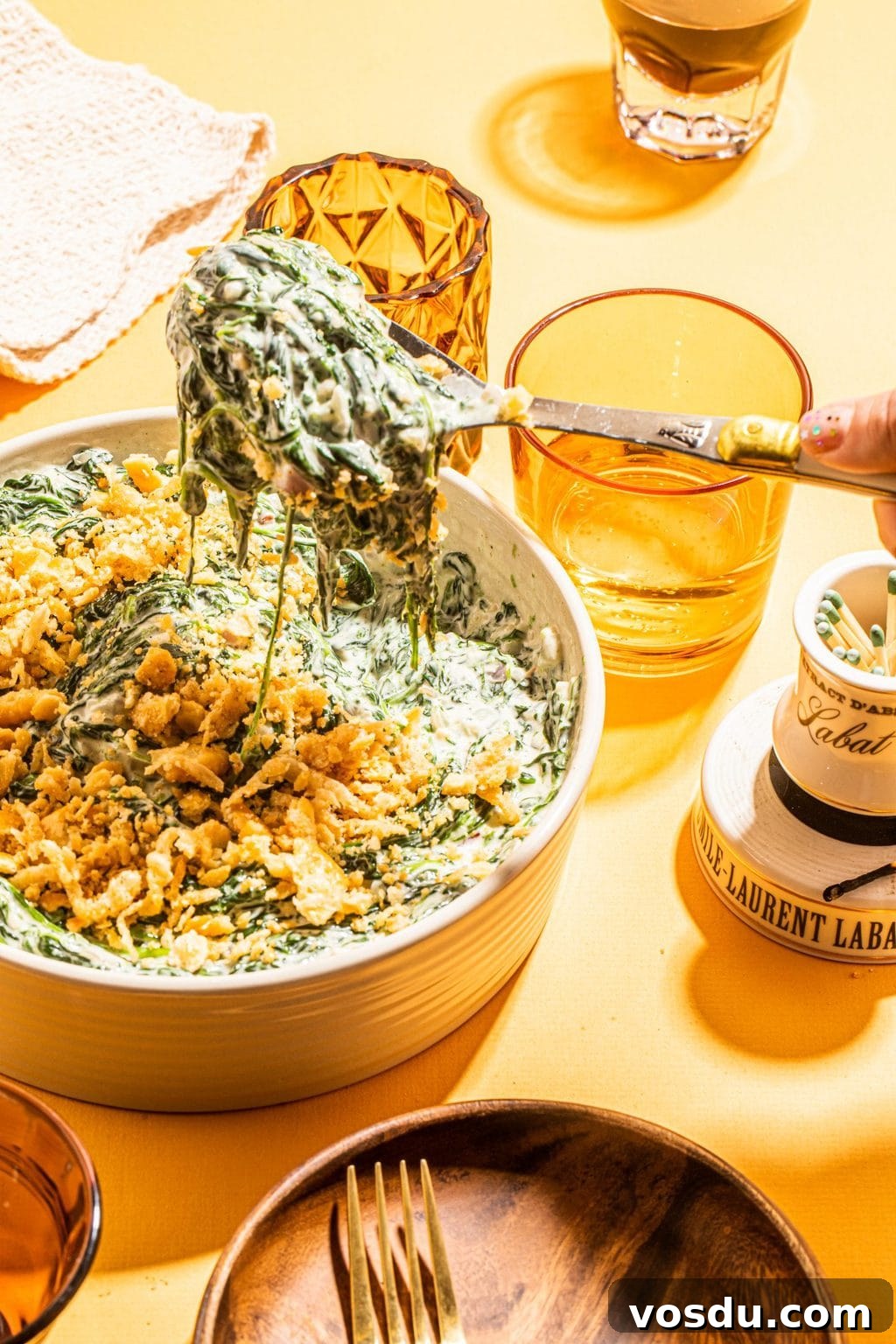 Crispy Topped Creamed Spinach with Crunchy Parmesan Crust 2 spoonful of creamed spinach with cracker topping