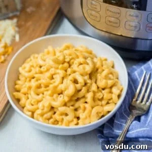 Creamy Instant Pot Macaroni and Cheese Recipe 2 Bowl of creamy macaroni and cheese next to Instant Pot.