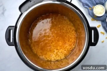 Creamy Instant Pot Macaroni and Cheese Recipe 3 Elbow noodles with seasoned broth inside inner pot before pressure cooking.