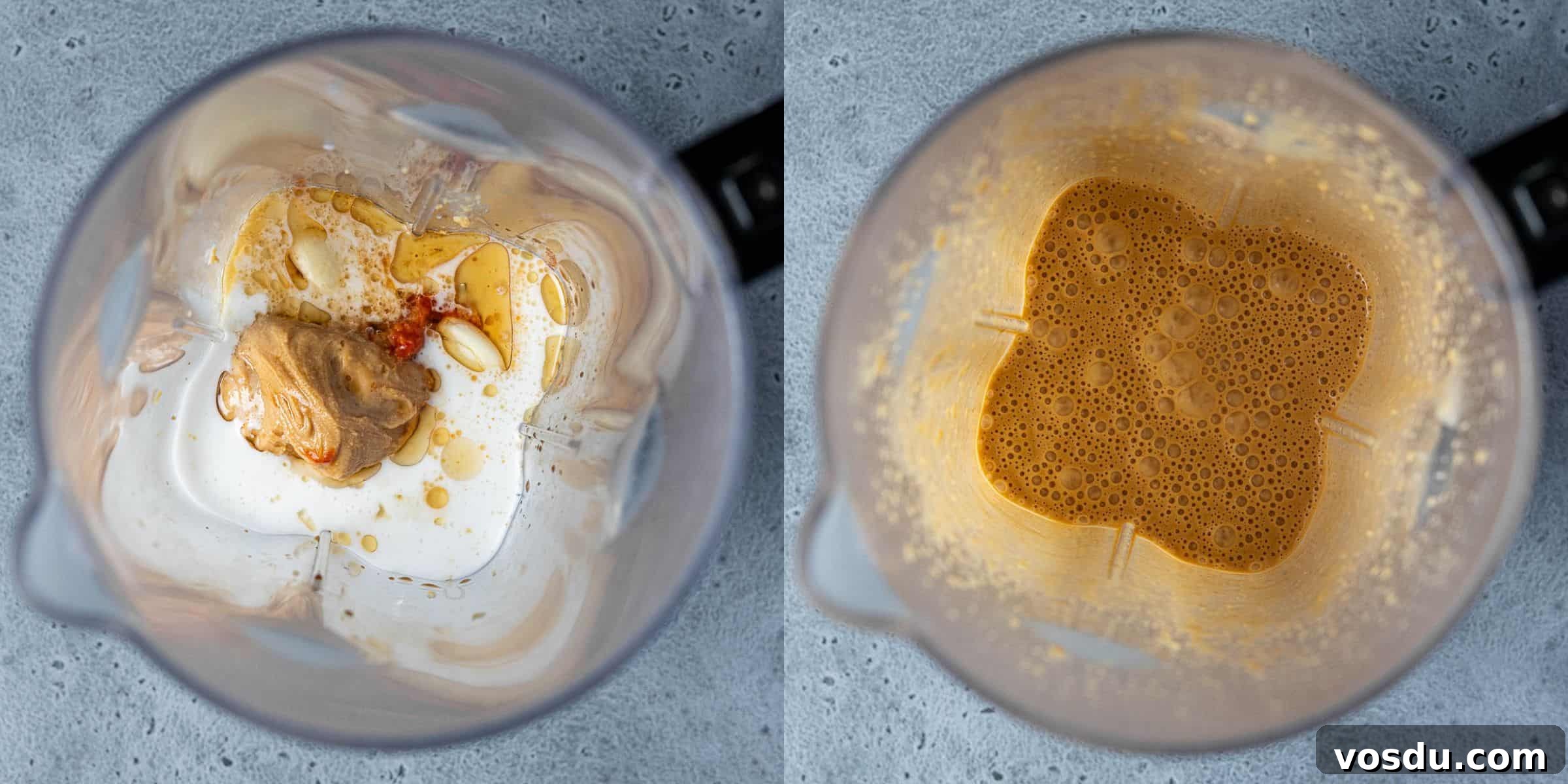 A two image collage of the sauce in a blender before and after blending.