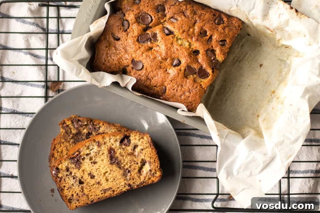 One-Bowl Chocolate Chip Banana Bread Recipe 7 slice of banana bread on a gray plate with rest of bread in loaf pan