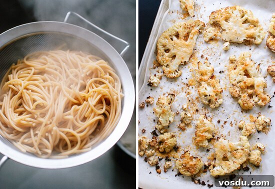 Parmesan-Crusted Cauliflower Steaks with Savory Marinara 5 whole wheat spaghetti and roasted cauliflower