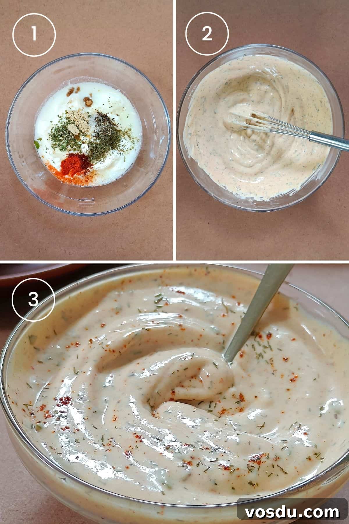 Copycat Popeyes Blackened Ranch Dressing Recipe 4 3 images showing measuring and whisking blackened ranch in a bowl.