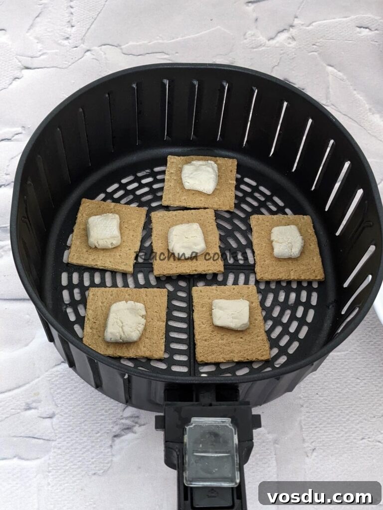 Crispy Air Fryer S'mores Recipe for Quick Desserts 6 6 crackers with marshmallows on top placed in air fryer basket for air frying.
