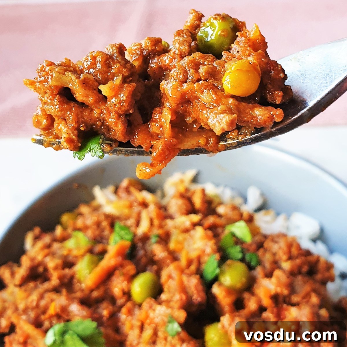 Spicy Ground Beef Curry with Fragrant Rice Recipe 3 A forkful of beef curry being lifted from the dish.