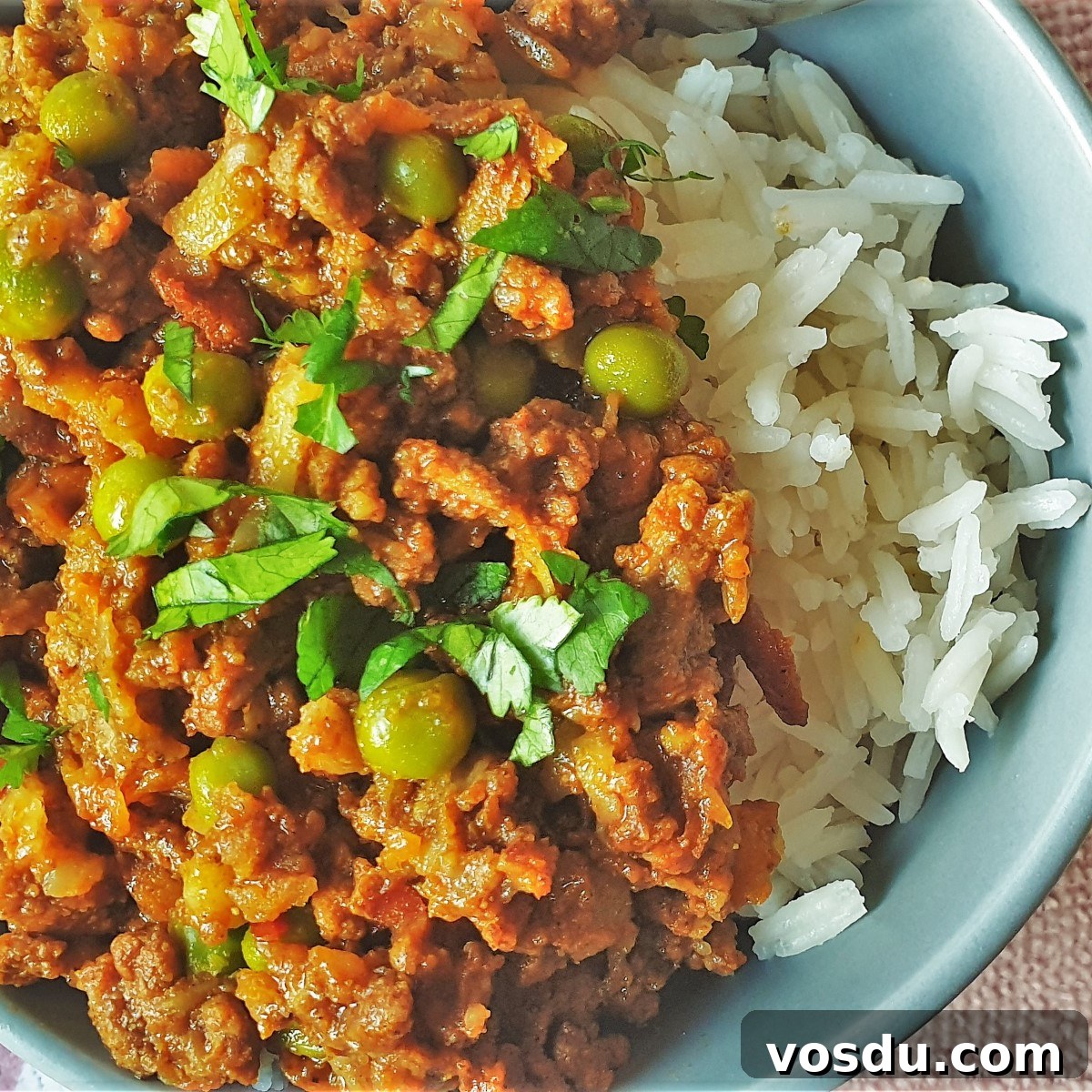 Spicy Ground Beef Curry with Fragrant Rice Recipe 5 Close up of spicy beef curry and rice.
