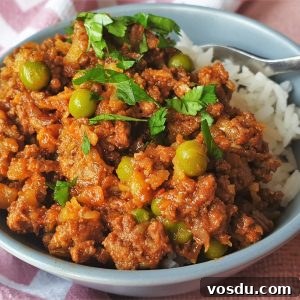 Spicy Ground Beef Curry with Fragrant Rice Recipe 10 Beef curry and rice in a dish with a fork.